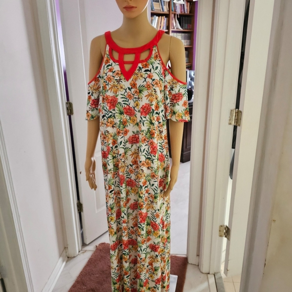 Floral Cold-Shoulder Maxi Dress with Coral Trim